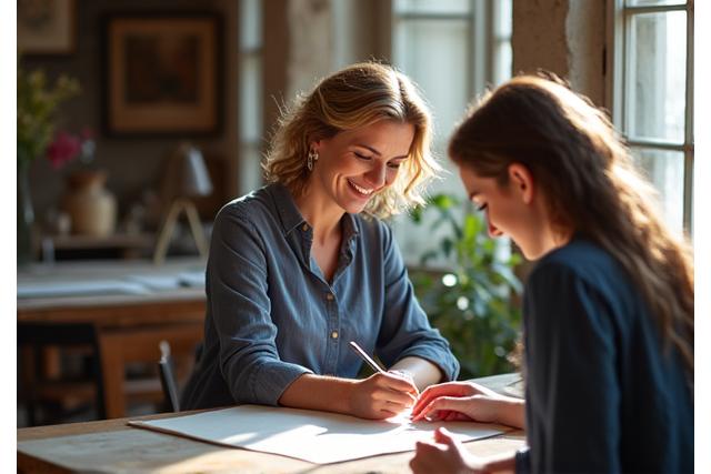 Sandra Rossi teaches calligraphy in a beautifully lit studio with focused students.