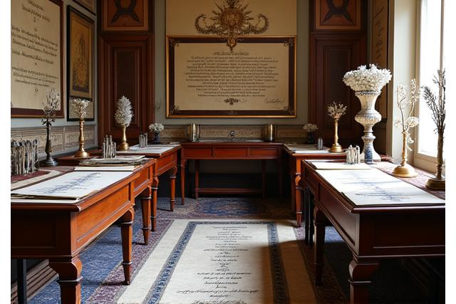 A beautifully decorated calligraphy studio with natural light, fine paper, inks, and tools visible on wooden desks.