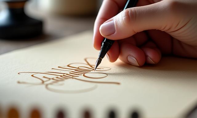 Mano che scrive con una penna calligrafica su carta elegante, con inchiostro e strumenti tradizionali.