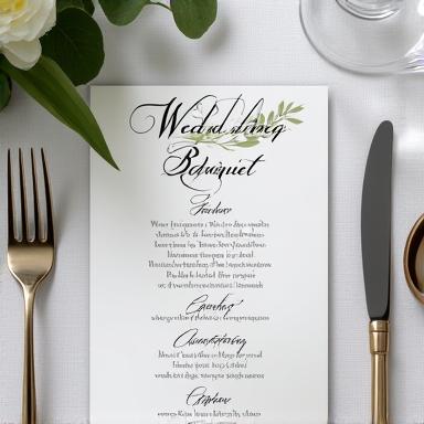 Menu di un banchetto nuziale scritto a mano con font elegante e decorazioni minimaliste.